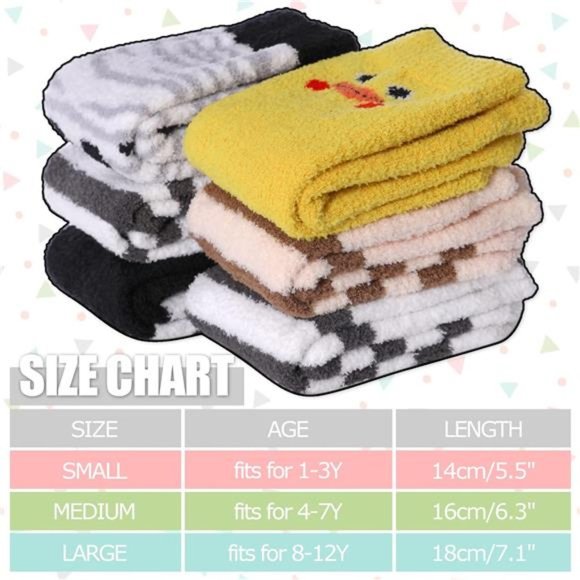6 Pairs, Kids Fuzzy Socks with Grips Non Slip Fluffy Winter Warm Crew Socks - Picture 5 of 6